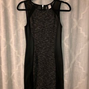 Black dress, sheer shoulder with leather panels
